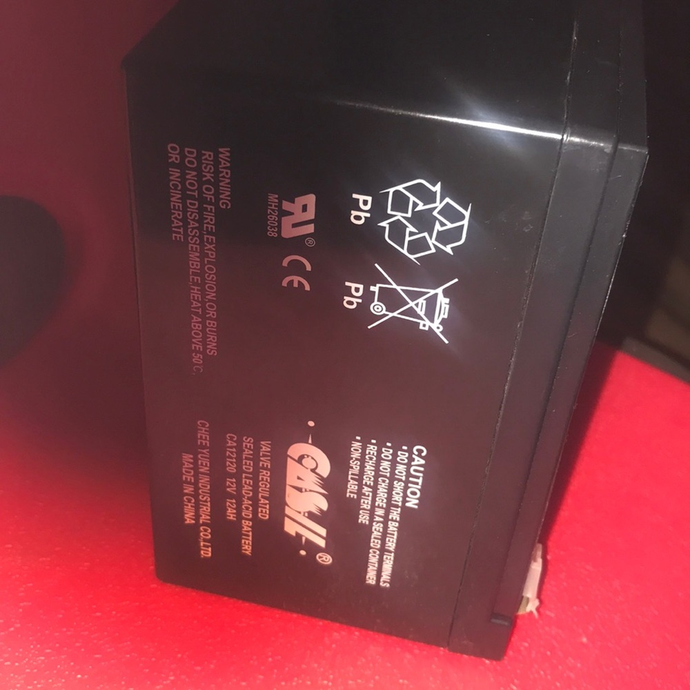 Rechargeable sealed lead acid battery.